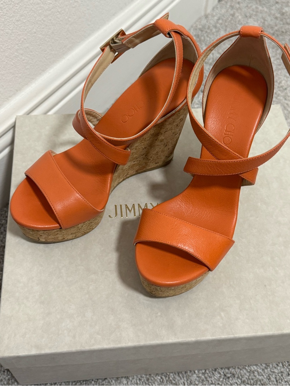 Jimmy Choo Orange Leather Cork Platform Wedges